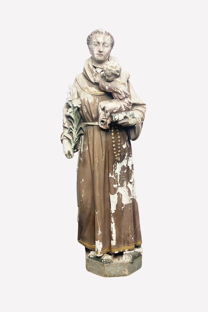 Weathered Religious Saint Statue with Child and Rosary