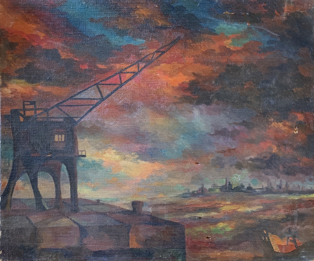 Industrial Sunset Over Harbor Skyline