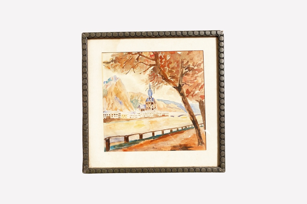 Autumn Landscape Village Painting in Ornate Frame