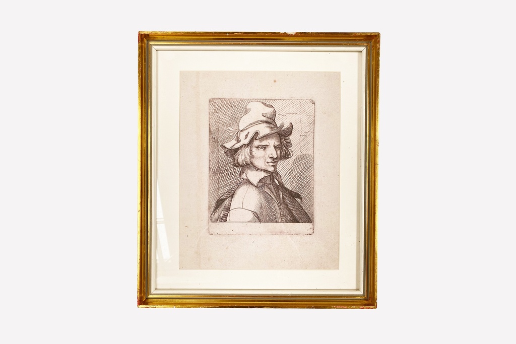 Framed Vintage Line Drawing of a Hat-Wearing Figure