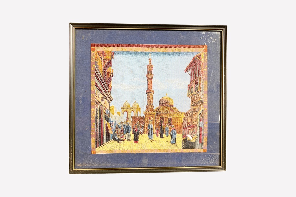 Framed Middle Eastern Market Scene Tapestry