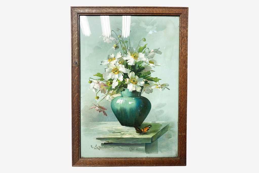 Framed Floral Still Life with Butterfly and Green Vase