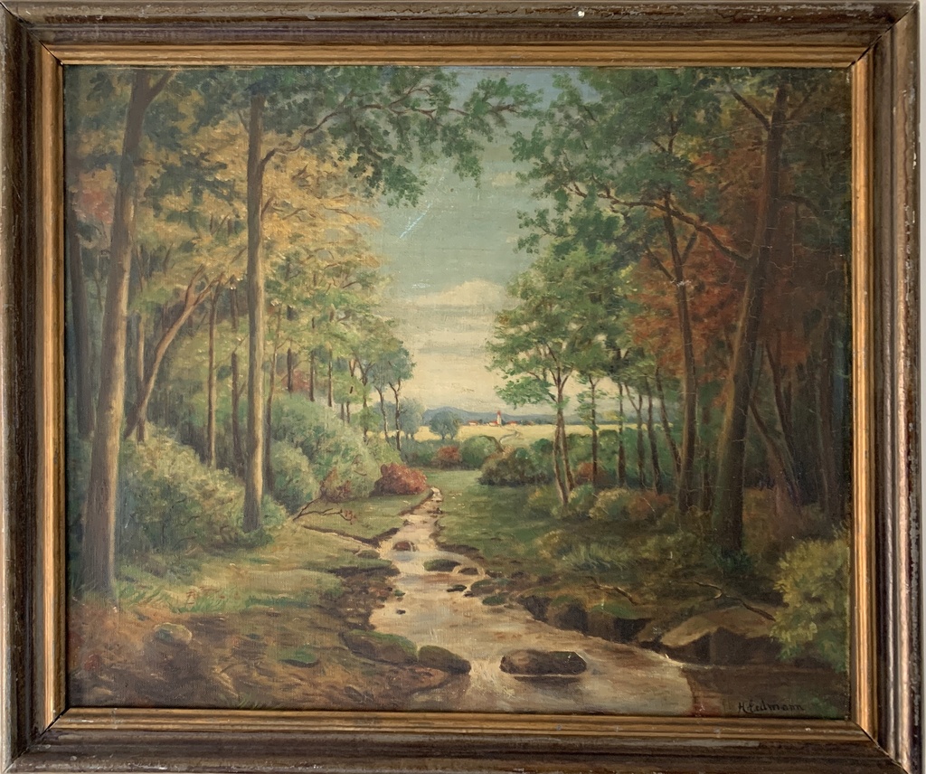 Serene Woodland Stream with Distant Village