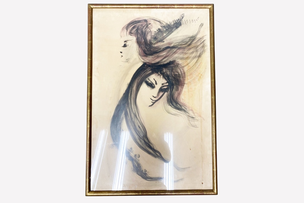 Abstract Flowing Hair Sketch in Gold Frame