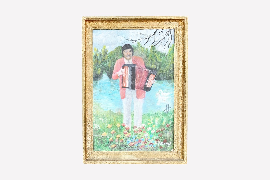 Accordion Player by the Lake with Swans