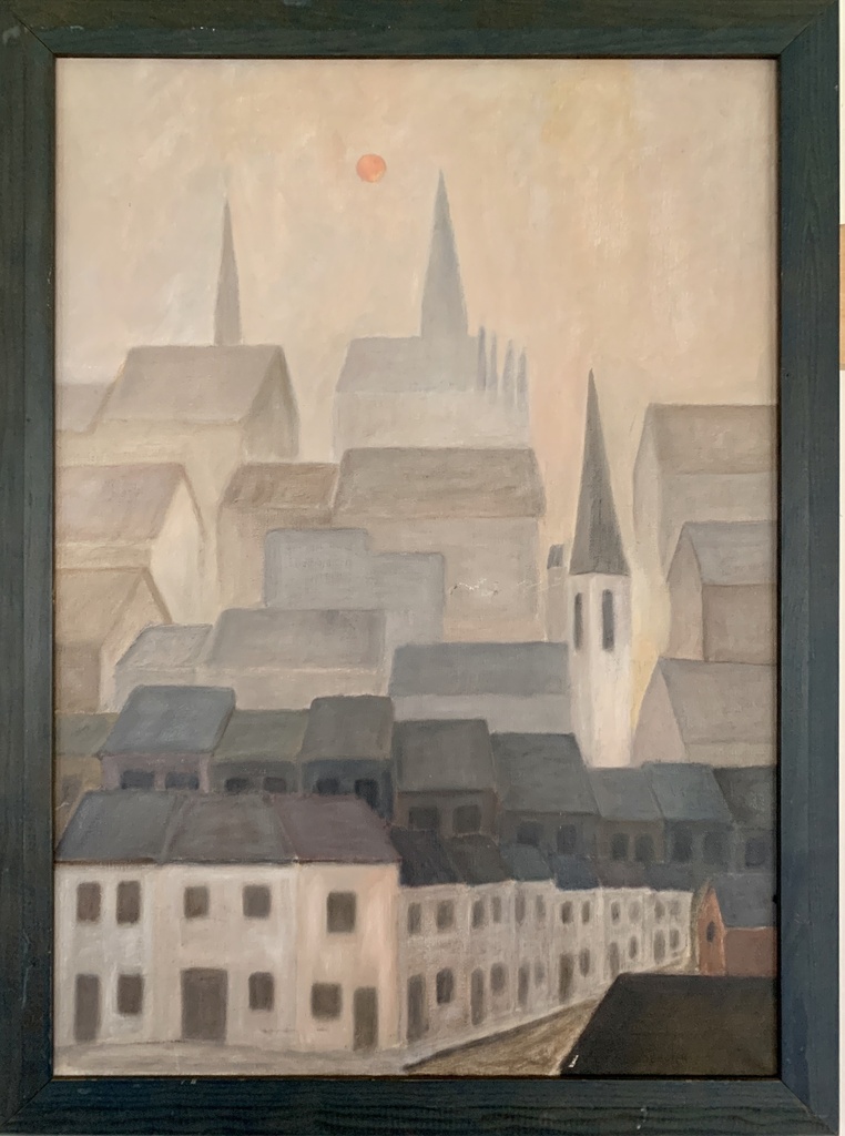 "Muted Village Skyline with Distant Church Spires"