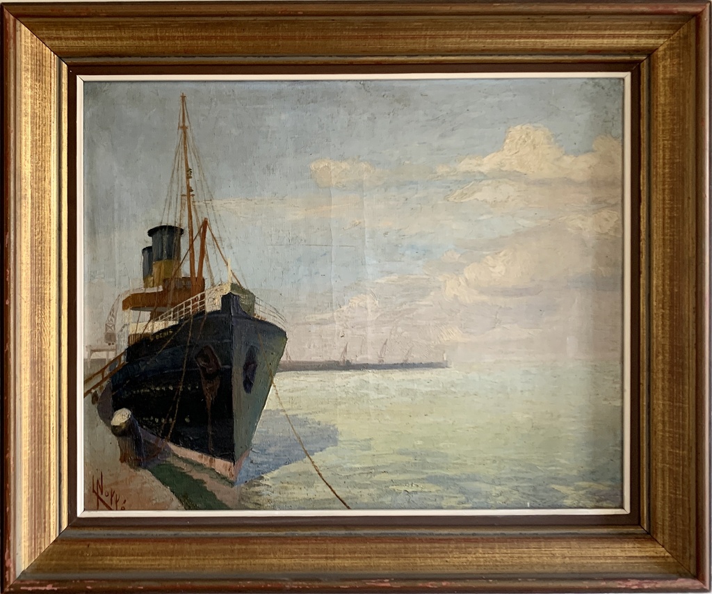 Docked Steamship with Serene Horizon