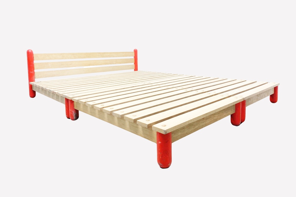 Rustic Modern Wood Slat Bed with Red Accent Legs