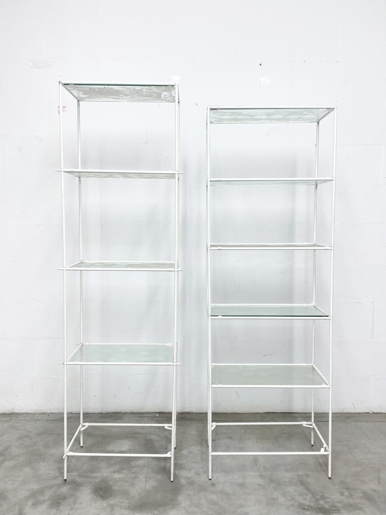 Minimalist White Metal and Glass Display Shelves Pair