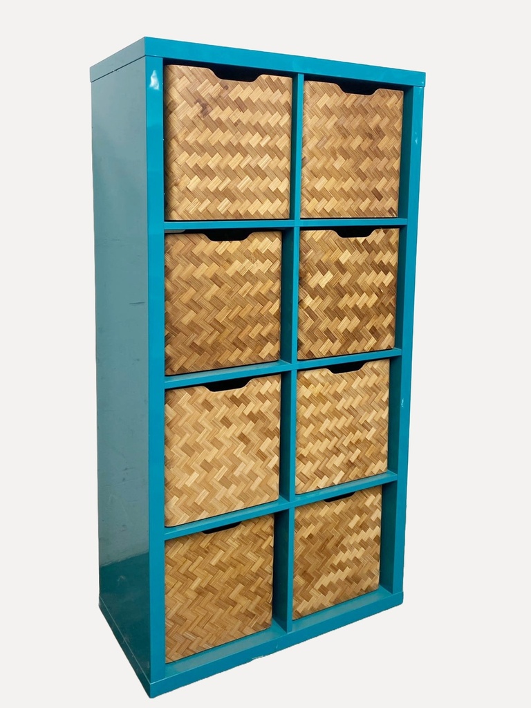 Bright Blue Wooden Shelf Unit with Woven Basket Storage