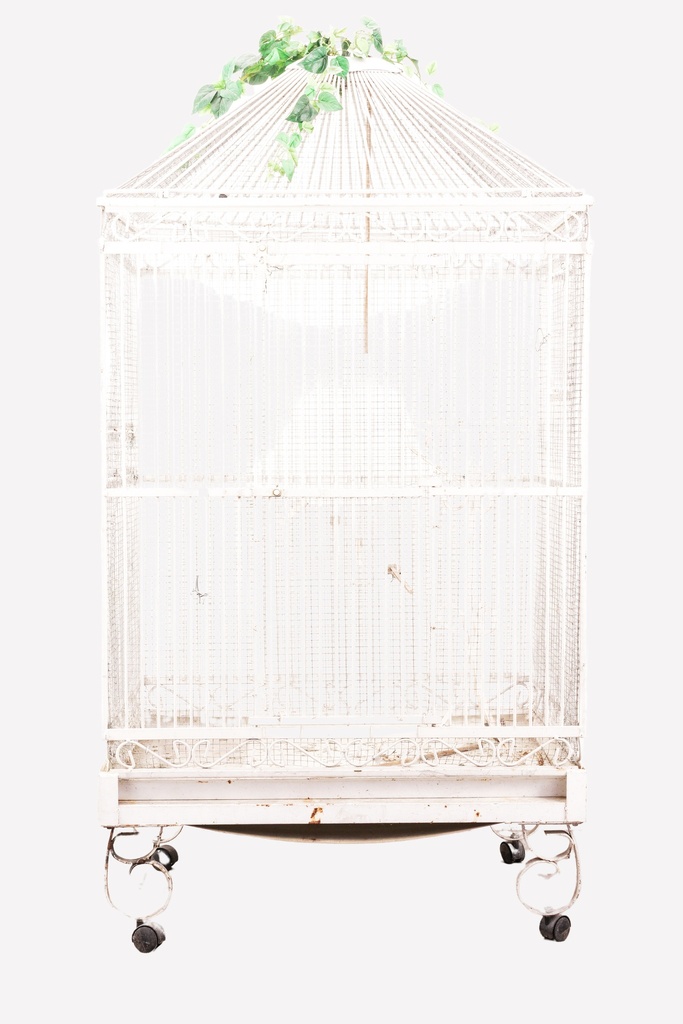 Vintage Ornate White Birdcage on Wheels with Ivy Detail