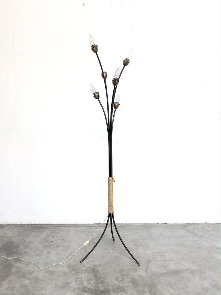 Mid-Century Modern Floral Floor Lamp with Woven Rope Accent