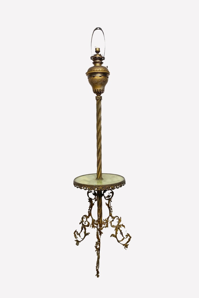 Victorian Brass Parlor Lamp with Ornate Filigree Base and Side Table