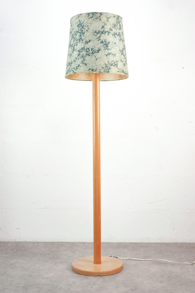 Mid-Century Wooden Floor Lamp with Patterned Fabric Shade