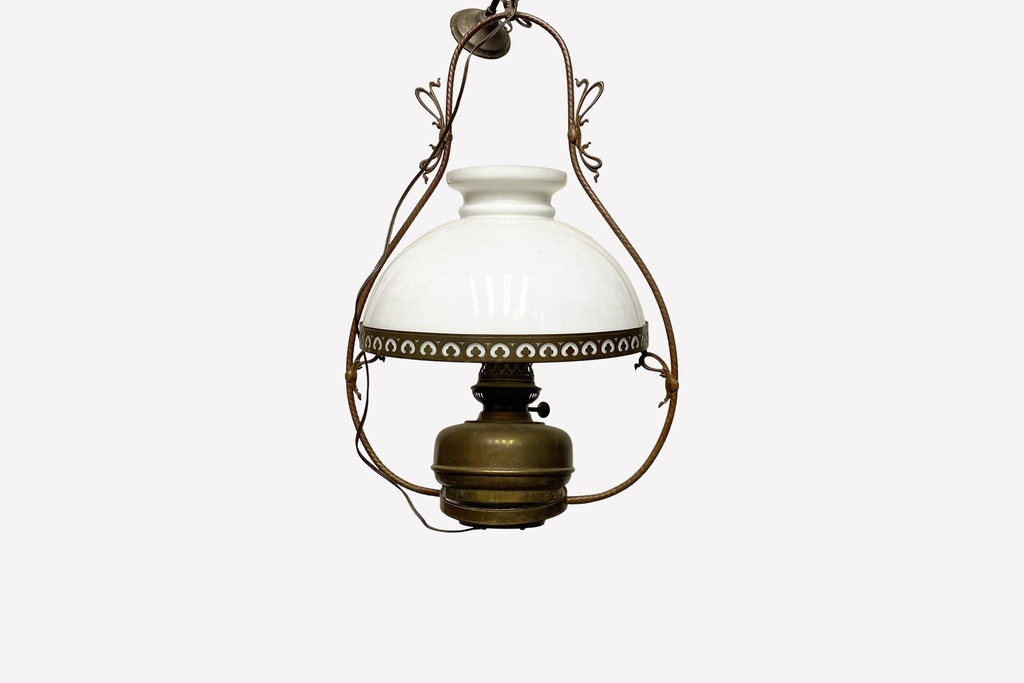 Victorian Brass Hanging Oil Lamp with Frosted Glass Shade