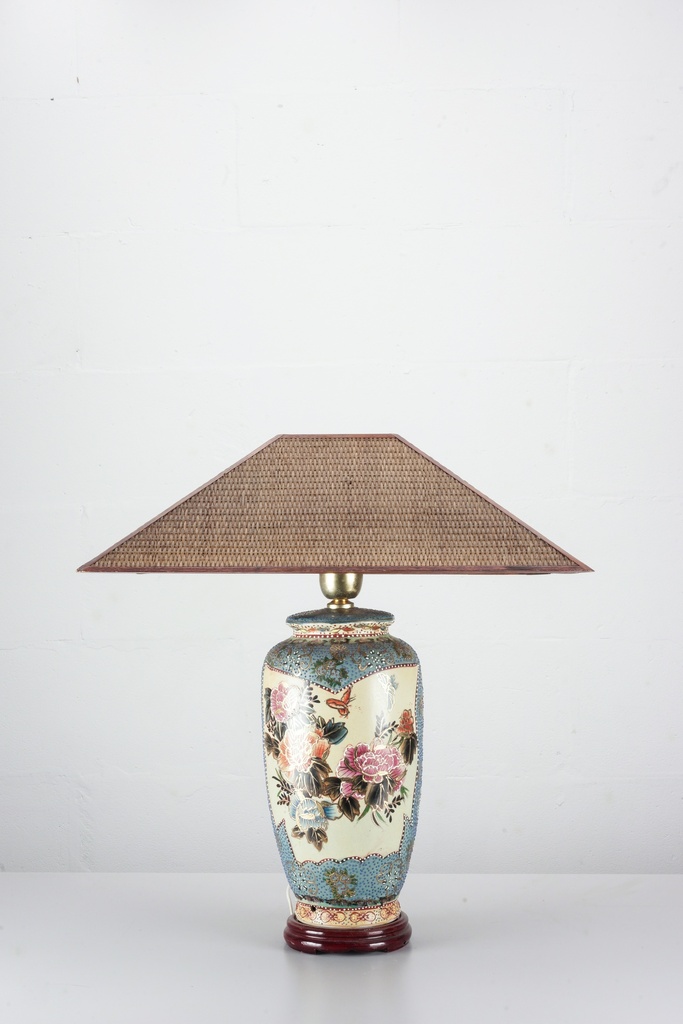 Ornate Porcelain Floral Table Lamp with Woven Shade