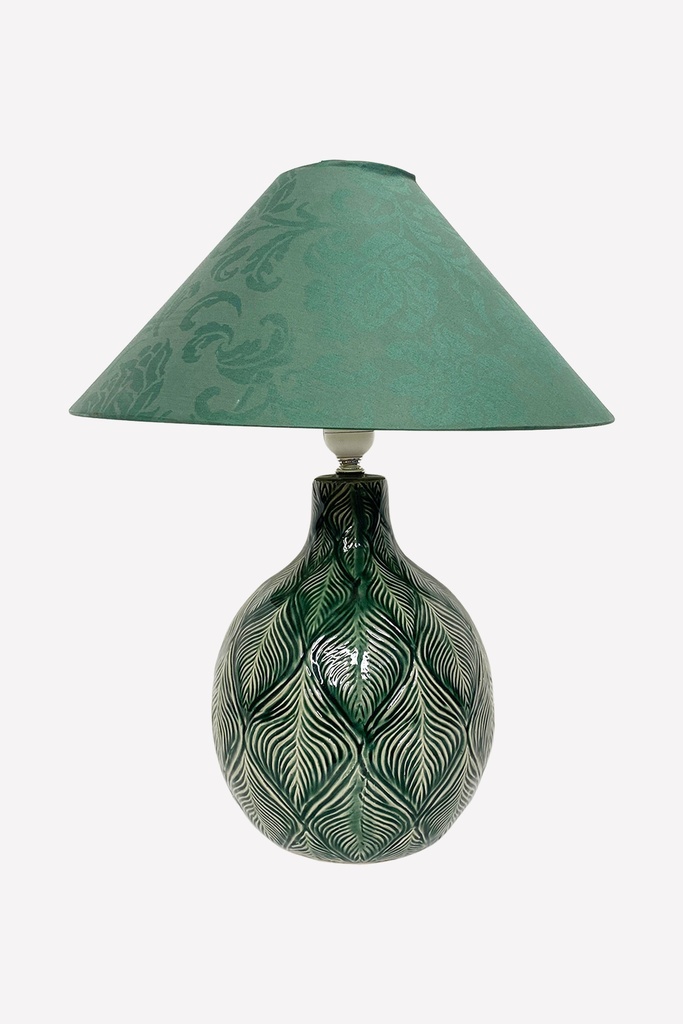 Emerald Leaf Patterned Ceramic Table Lamp with Green Shade