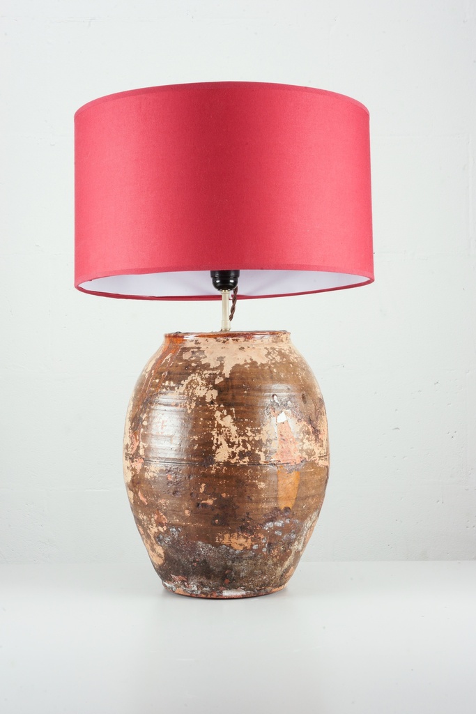 Rustic Ceramic Lamp with Red Drum Shade