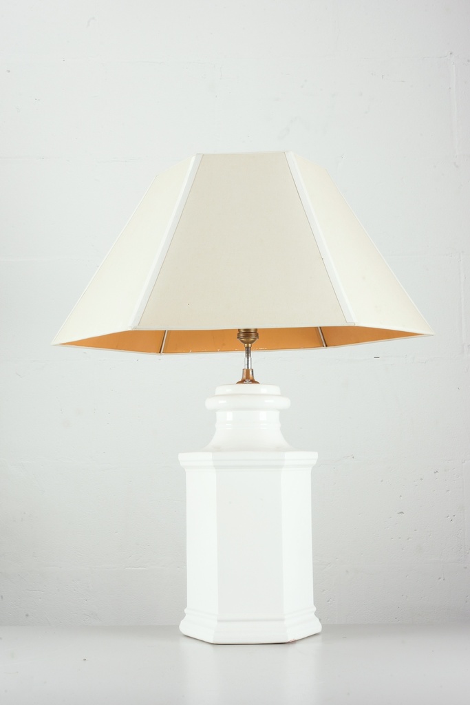 White Ceramic Table Lamp with Hexagonal Base and Cream Shade