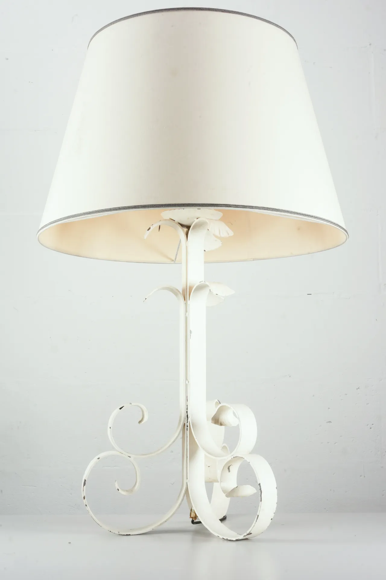 Antique White Iron Scroll Table Lamp with Cream Shade