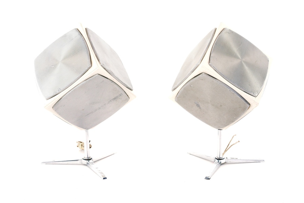 Retro Mid-Century Cube Speakers on Tripod Stands
