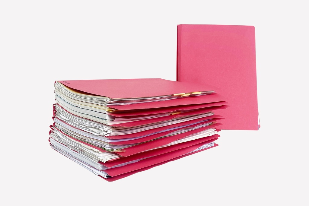 Stack of Red Office Folders with Document Inserts