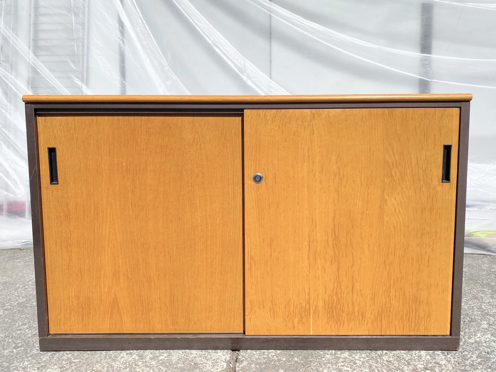 Mid-Century Woodgrain Sliding Door Cabinet