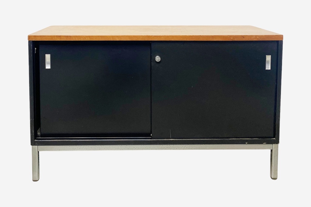 Mid-Century Modern Black Metal Storage Cabinet with Wood Top