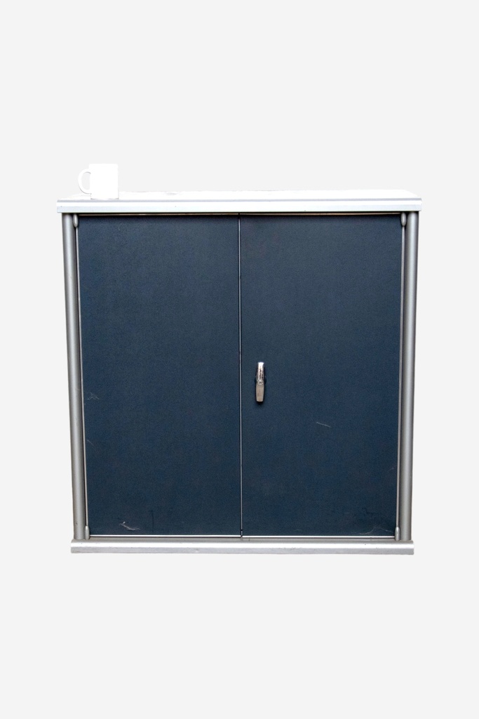 Steel-Framed Dark Blue Storage Cabinet with White Top and Mug Prop