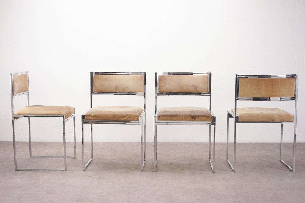 Vintage Chrome Dining Chairs with Tan Suede Upholstery Set of Four