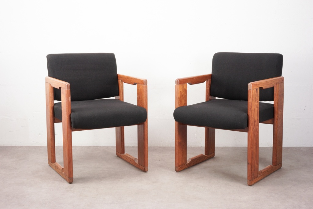Pair of Mid-Century Modern Wood Frame Armchairs with Black Upholstery