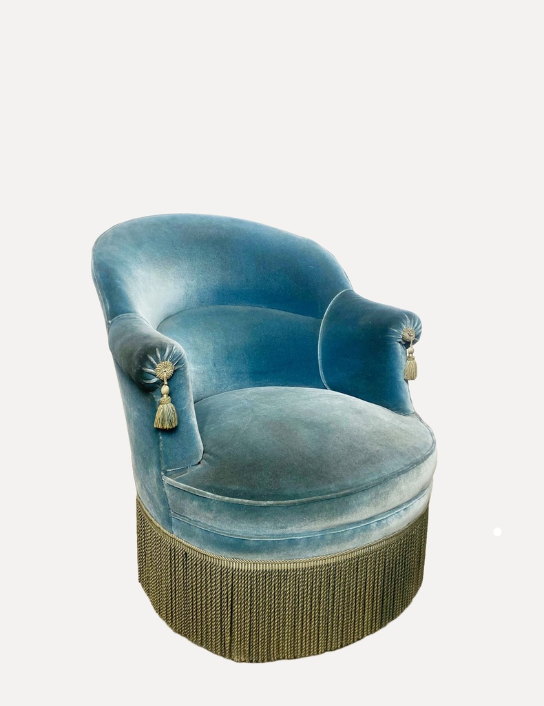 Blue Velvet Tassel-Trimmed Swivel Chair