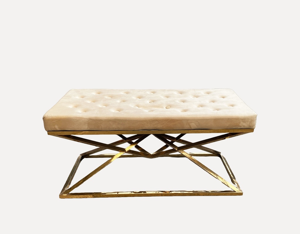 Tufted Velvet Ottoman with Gold Geometric Base