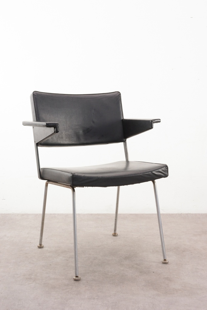 Mid-Century Modern Black Vinyl Armchair with Chrome Frame