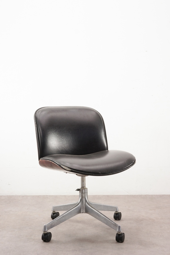 Mid-Century Black Leather Office Chair on Casters