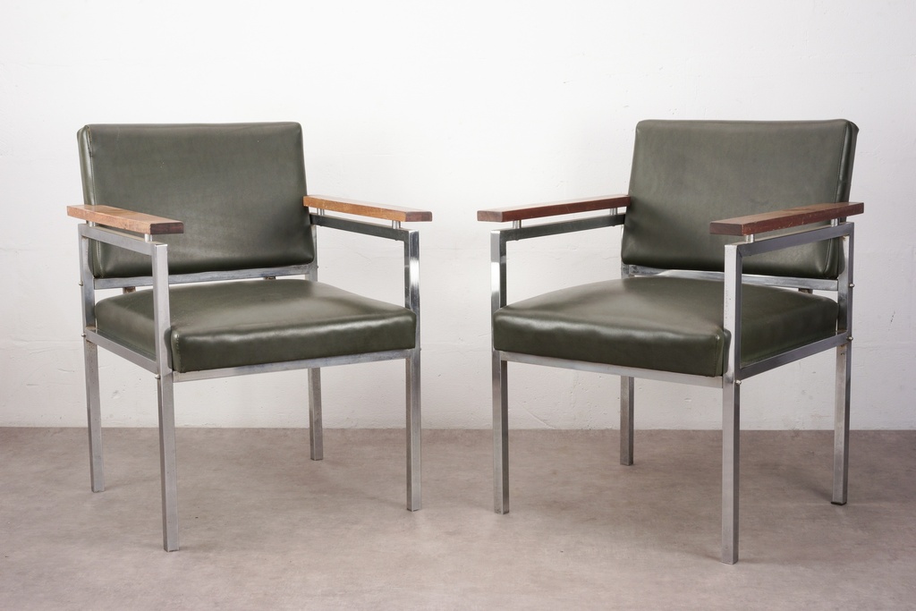 Mid-Century Green Leather and Chrome Armchairs