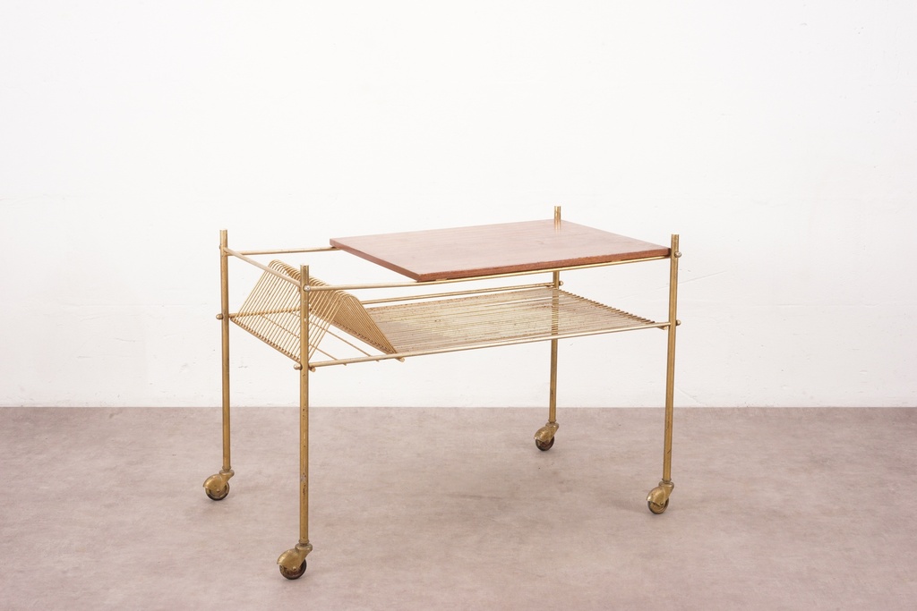 Mid-Century Modern Brass Rolling Tea Cart with Wood Top