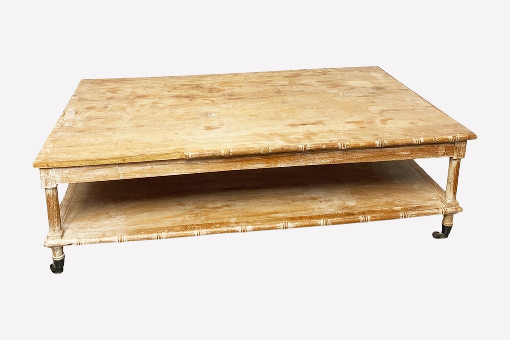 Distressed Bamboo-Style Wooden Coffee Table with Casters