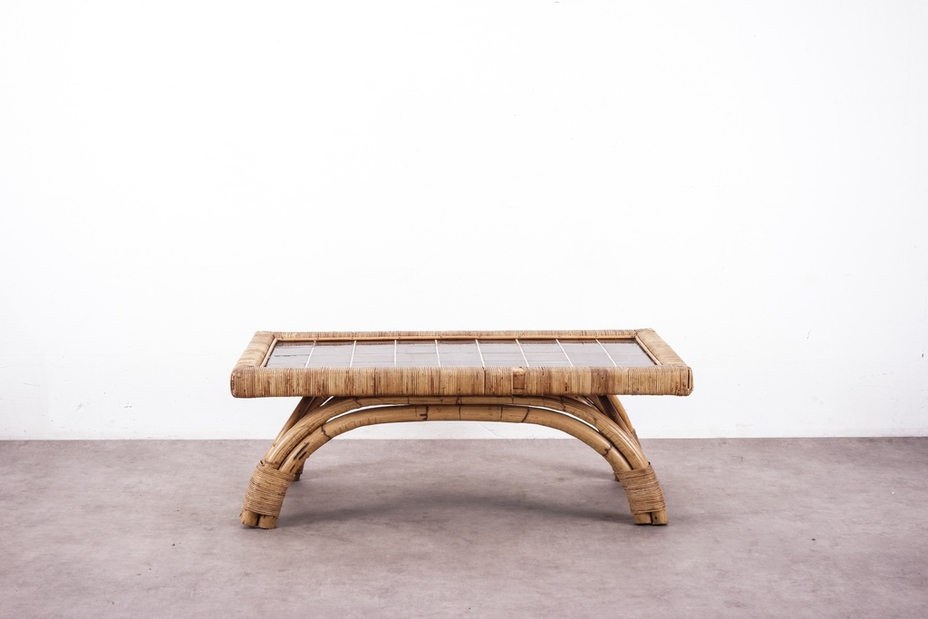 Vintage Rattan Coffee Table with Glass Top