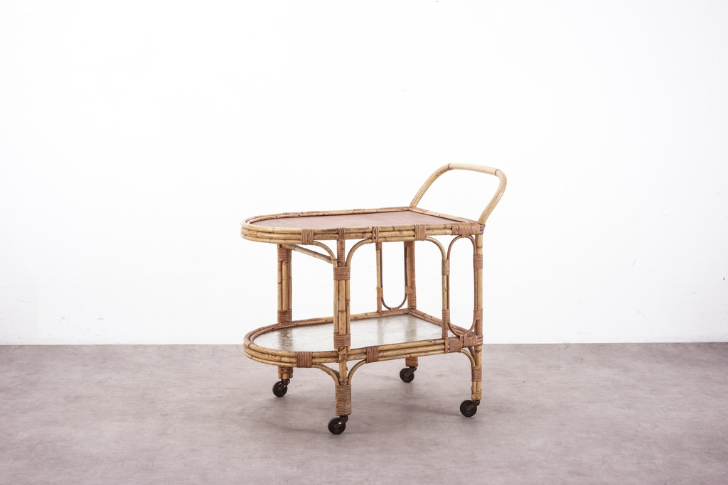Vintage Rattan Bar Cart with Glass Shelves