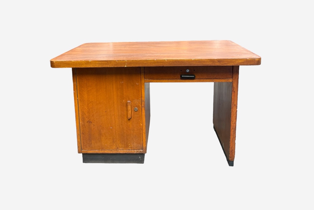 Mid-Century Wooden Office Desk with Single Drawer and Cabinet Storage
