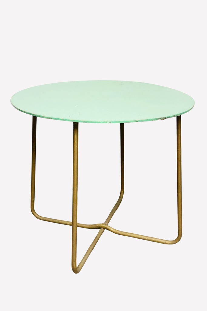 Mint Green Round Metal Table with Brass Hairpin Legs