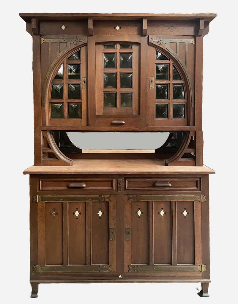 Antique Arts and Crafts Buffet Sideboard with Leaded Glass
