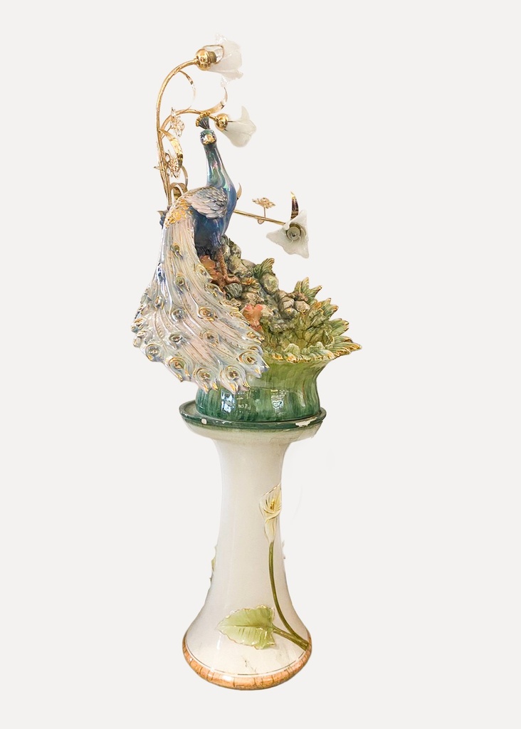 Elegant Ceramic Peacock Pedestal Lamp with Floral Detailing
