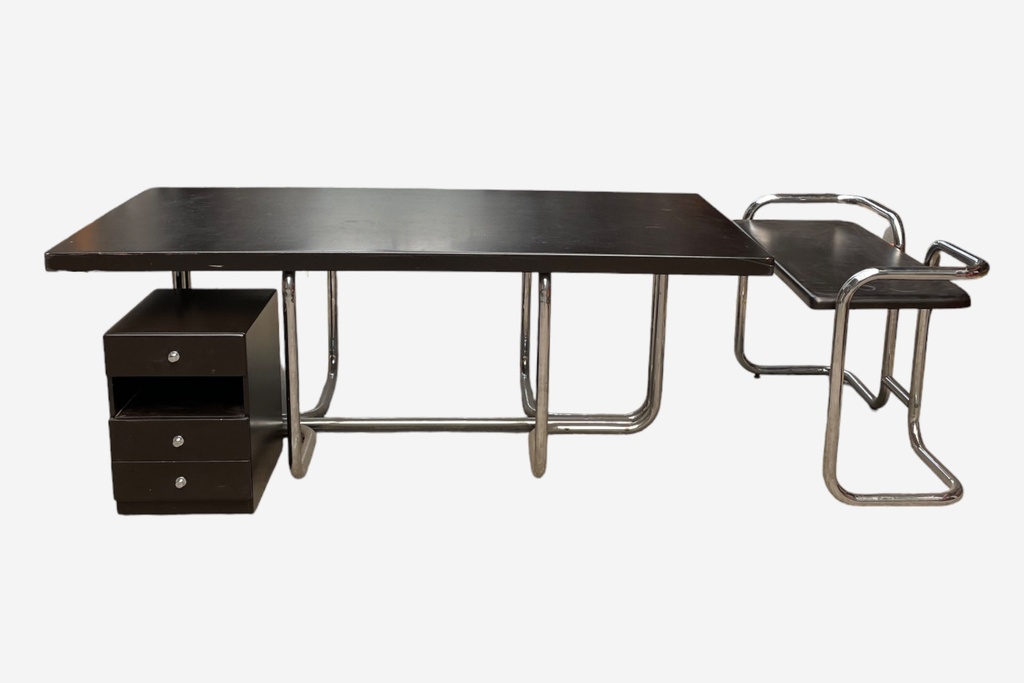 Modern Chrome and Wood Desk Set with Matching Chair