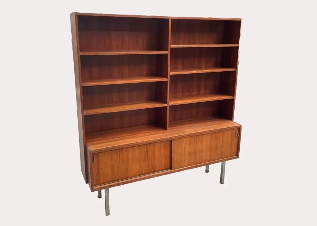 Teak Bookshelf with Sliding Cabinet Doors