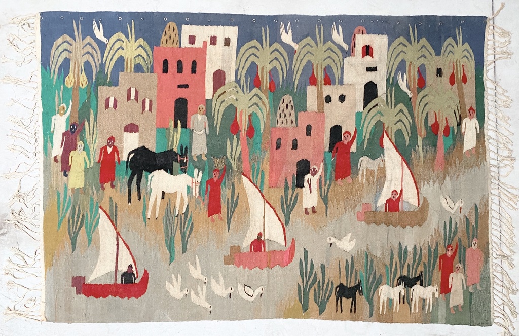 Desert Village Tapestry with Boats and Palm Trees