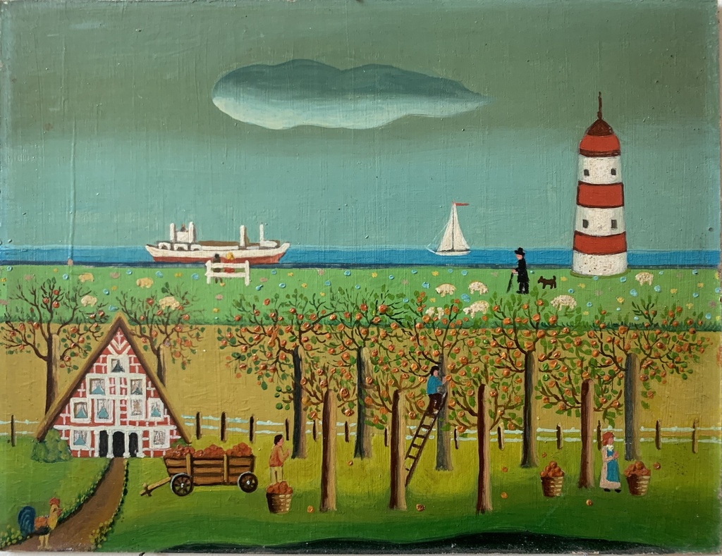 Coastal Orchard with Lighthouse and Harvest Scene