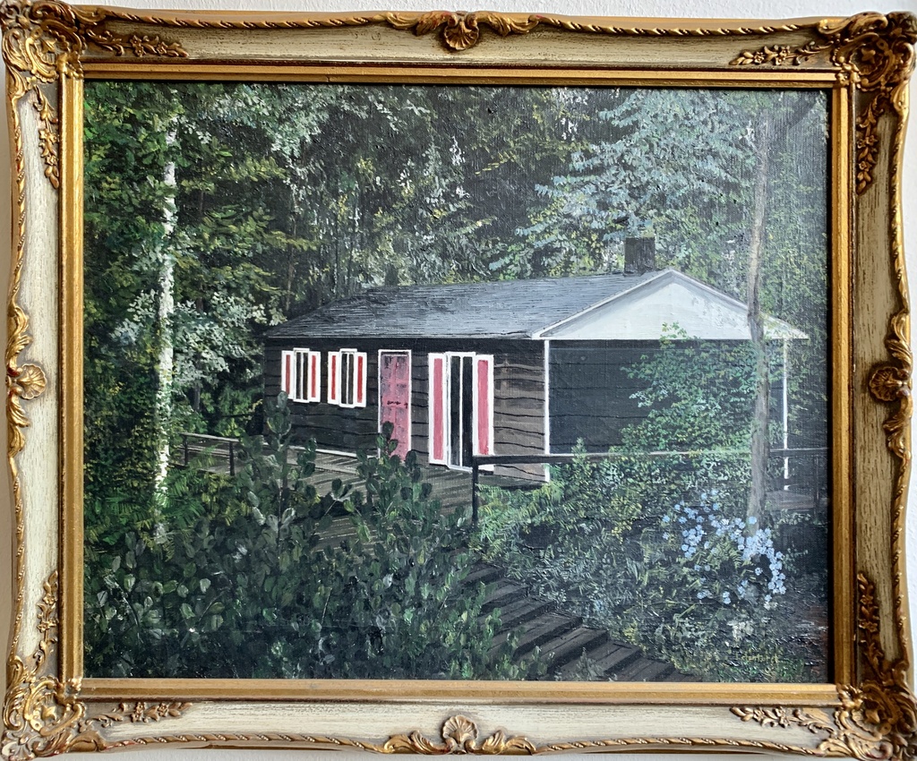 Secluded Forest Cabin Painting in Ornate Gold Frame