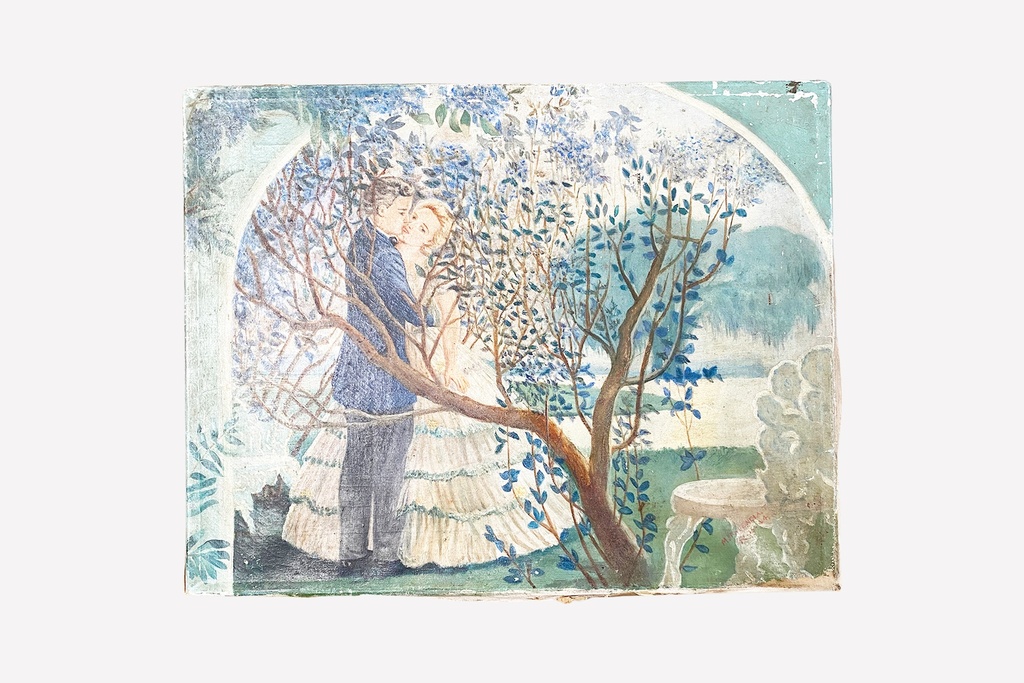Romantic Garden Scene with Blossoming Blue Tree